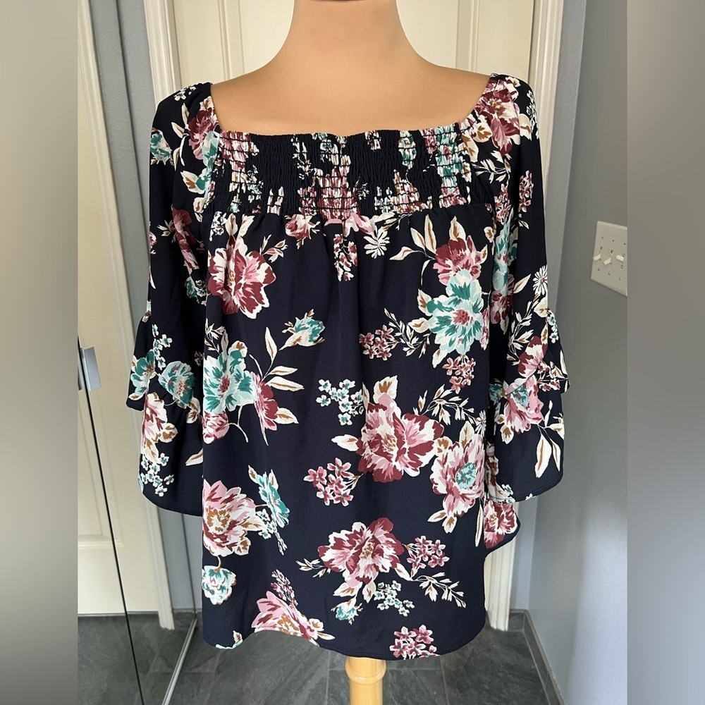 Ces Femme Navy Floral Bell Sleeve Cottagecore Peasant‎ Blouse